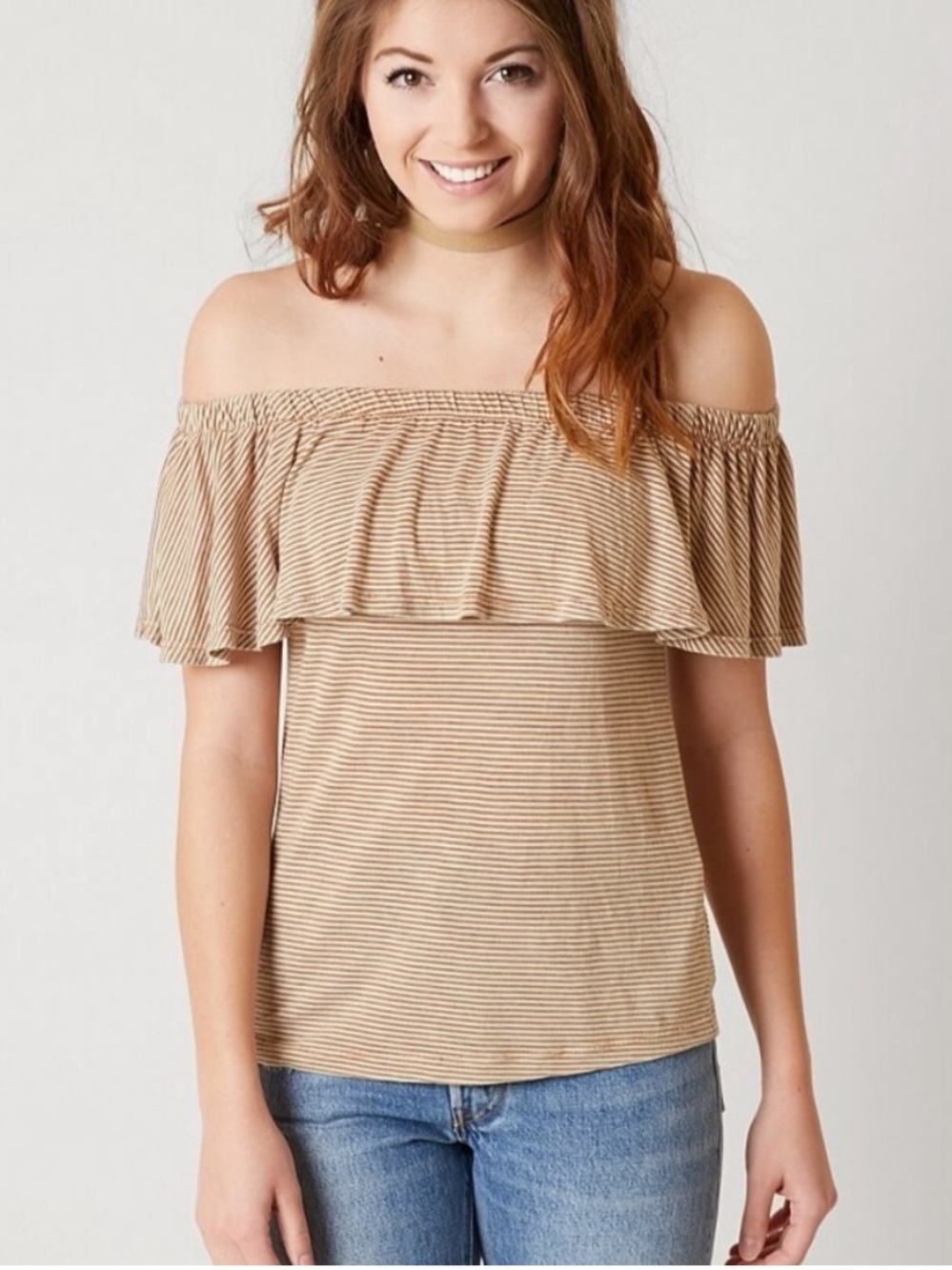 2010’s Gimmicks by BKE Ruffle Off The Shoulder Striped Top Knit Made In USA S
